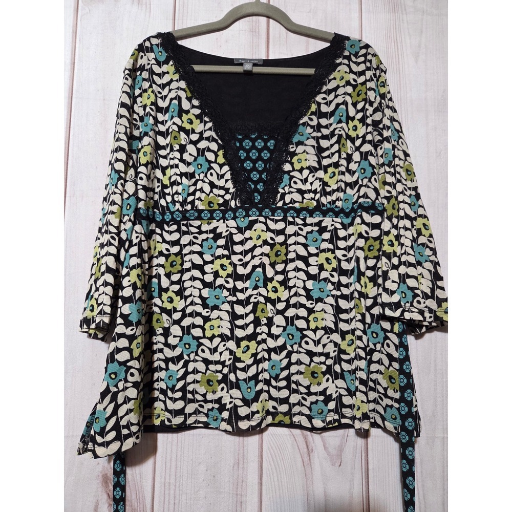 Apt 9 Woman 2X Floral Mesh Blouse 3/4 Bell Sleeve Lace V-Neck Back Tie Top Black